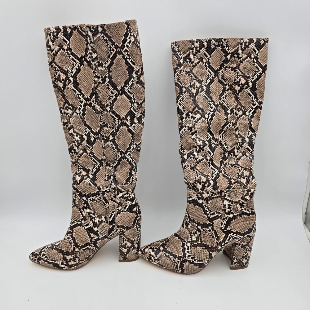 Snake Print Womens Knee-High Boots Size Unknown Brown Faux Leather Block Heel